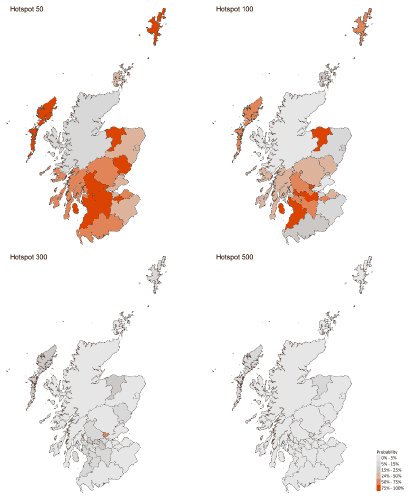 A series of four choropleths showing the probability of Scottish local authorities having more than 50, 100, 300 or 500 cases per 100,000 population, corresponding to data for 7 - 13 February 21.
