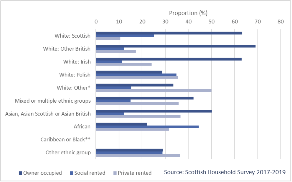 Clustered bar chart showing the proportion of each ethnic group in each tenure