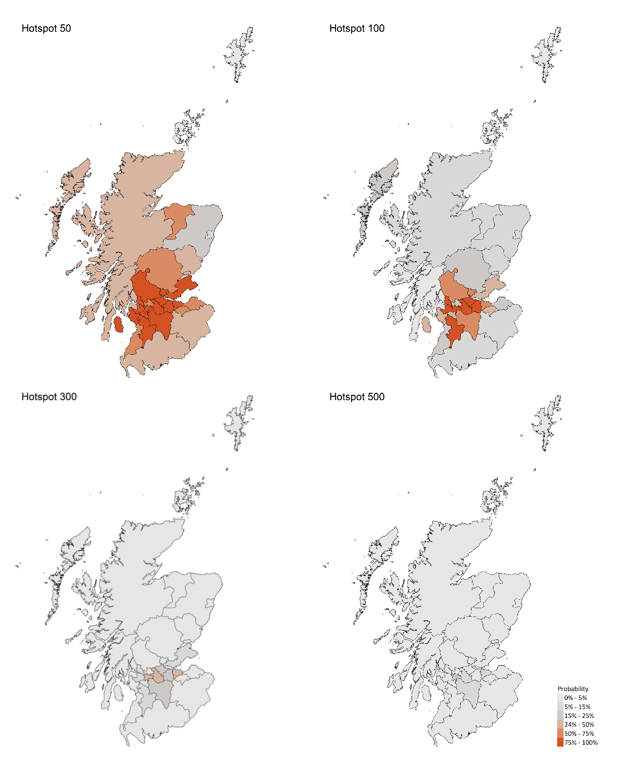 A series of maps showing the probability of local authority areas having more than 50, 100, 300 or 500 cases per 100K (7 - 13 March 21)