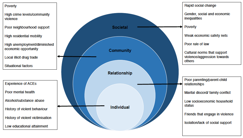 Risk factors for violence. Four levels are stacked as progressively smaller ovals. Each level covers some area of the previous group. The groups, from largest to smallest, are: Societal, Community, Relationship, and Individual. Each level has an associated text box providing examples of specific risk factors at each of these levels.