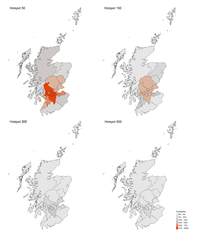 A series of maps showing the probability of local authority areas having more than 50, 100, 300 or 500 cases per 100K (14 - 20 March 21)