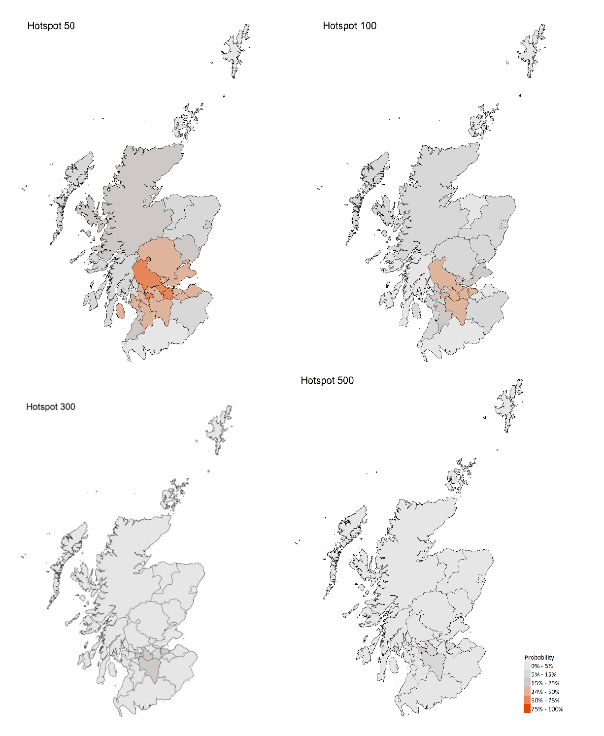 Figure 12. A series of maps showing the probability of local authority areas having more than 50, 100, 300 or 500 cases per 100K (21 - 27 March 21)