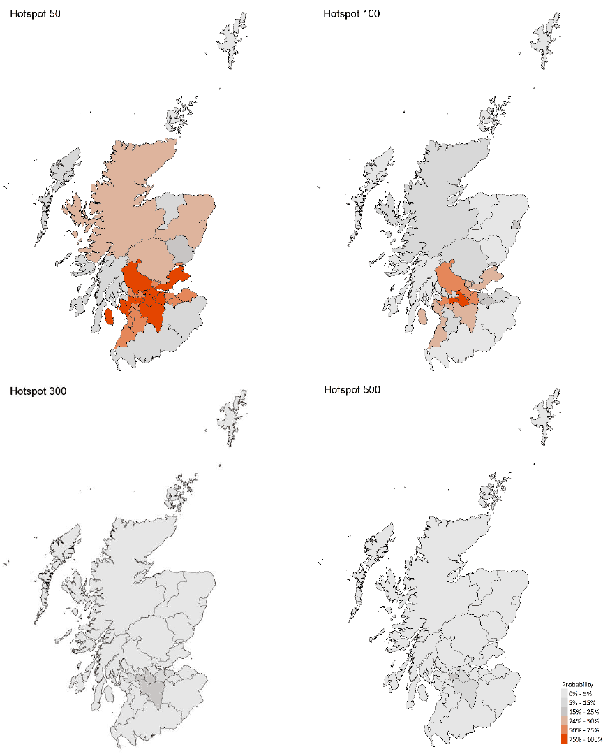 A series of maps showing the probability of local authority areas having more than 50, 100, 300 or 500 cases per 100K (21 - 27 March 21)