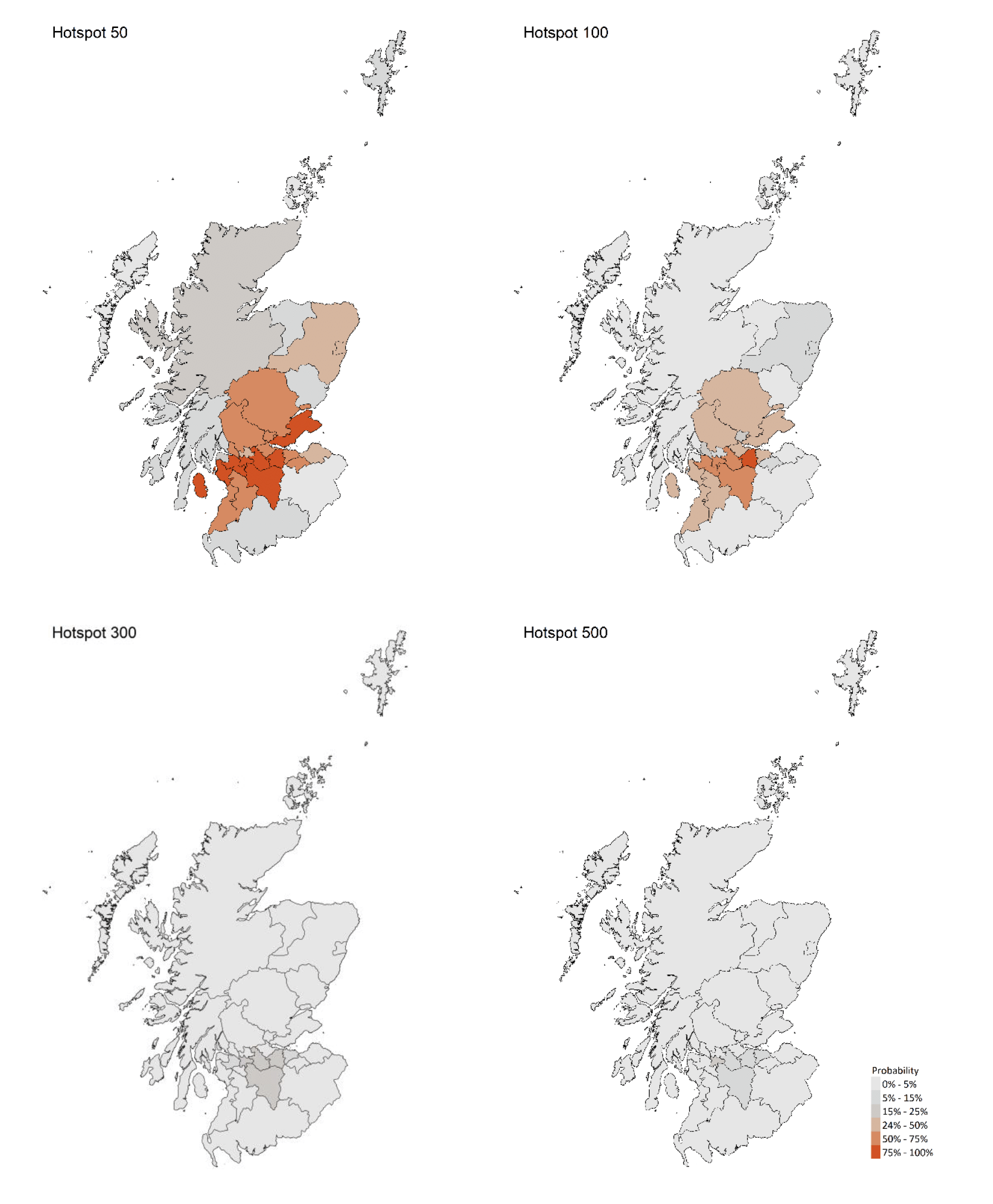 A series of four maps showing the probability of local authority areas having more than 50, 100, 300 or 500 cases per 100K (4 - 10 April 21).