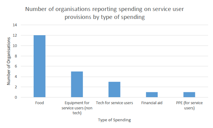 Bar chart showing the number of organisations spending on different types of provision for service users