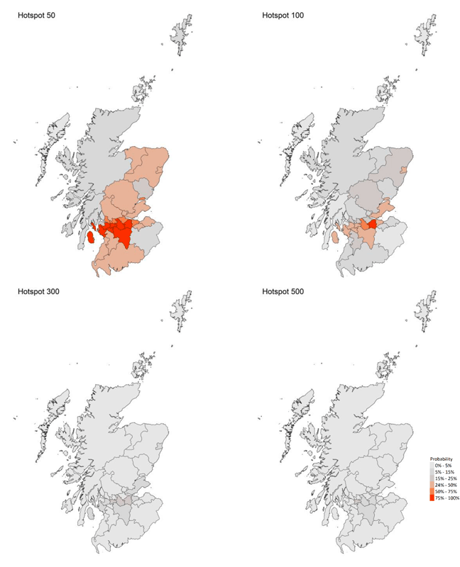 A series of four maps showing the probability of local authority areas having more than 50, 100, 300 or 500 cases per 100K (11 - 17 April 21).