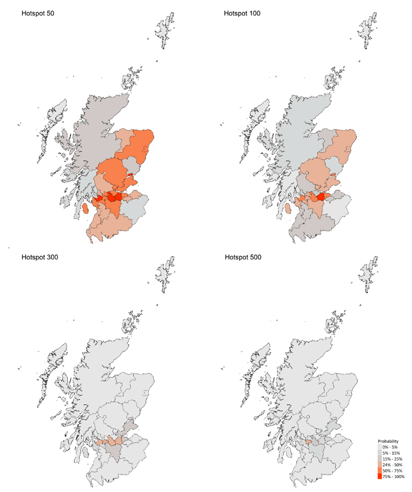A series of four maps showing the probability of local authority areas having more than 50, 100, 300 or 500 cases per 100K (18 - 24 April 21).