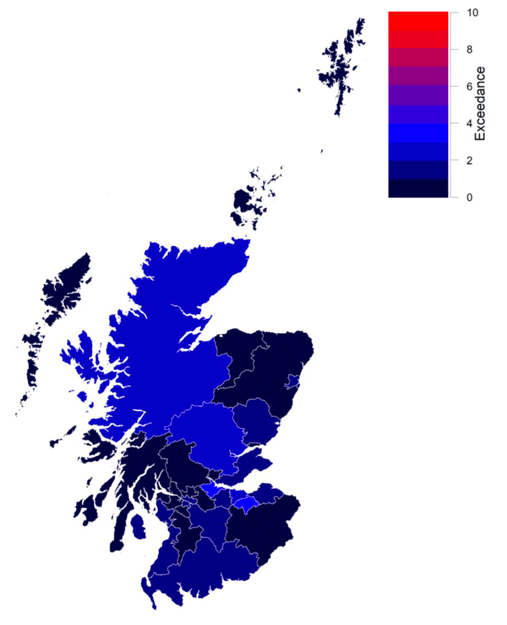 A map of cumulative exceedance to 12 April, for Scottish Local Authorities.