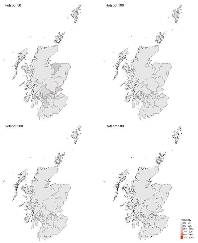 A series of four maps showing the probability of local authority areas having more than 50, 100, 300 or 500 cases per 100K (25 April – 1 May 21).