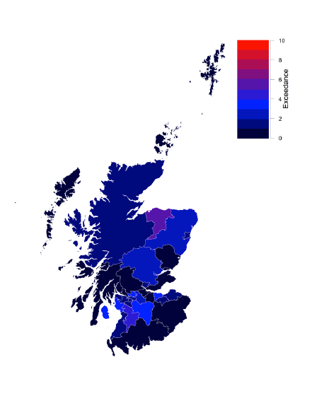 A map of cumulative exceedance to 19 April, for Scottish Local Authorities.