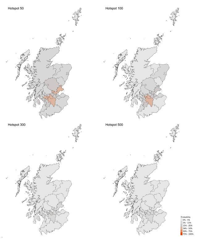 A series of four maps showing the probability of local authority areas having more than 50, 100, 300 or 500 cases per 100K (2 – 8 May 21).