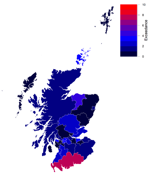 A map of cumulative exceedance to 26 April, for Scottish Local Authorities.
