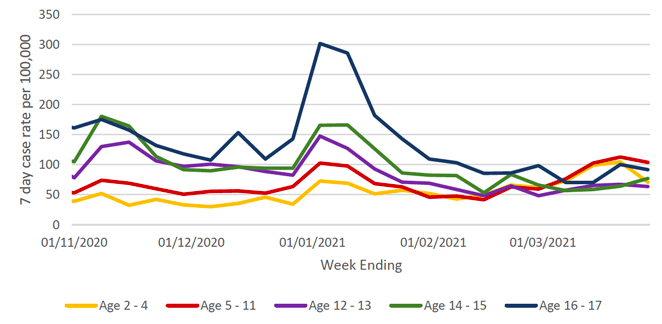 This figure shows the 7-day case rate of school pupils who tested positive for COVID-19, grouped in four age groups, during the period 1 November 2020 to 28 March 2021.  The rates for all age groups have varied over time with a sharp increase in rates for all groups at the start of January, with the 16/17 age group or S4-S6 school year group with the highest rate. The rates reduced back down to their lowest levels at the beginning of February. The rates for most age groups have decreased in the last week, with only a slight increase observed in 14-15 year olds.