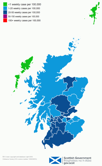 This colour coded map of Scotland shows the different rates of weekly positive cases per 100,000 across Scotland’s Local Authorities. The colours range from green with under 1 weekly case, through light blue with 1 – 20 weekly cases, dark blue 20-50 weekly cases,  purple 50-150 weekly cases and red with over 150 weekly cases per 100,000. North Lanarkshire has the highest case rate in Scotland with 47 weekly cases being reported per 100,000, followed by Moray with 46 weekly cases per 100,000 in the week to 26th April. Na h-Eileanan Siar and Shetland are showing as green with no cases per 100,000 population. All other Local Authorities are showing as light or dark blue.