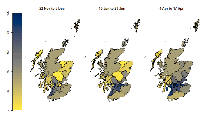 Three maps of the percentage of population in each Scottish local authority covered by wastewater Covid-19 sampling at different time periods, from November 2020 to April 2021.