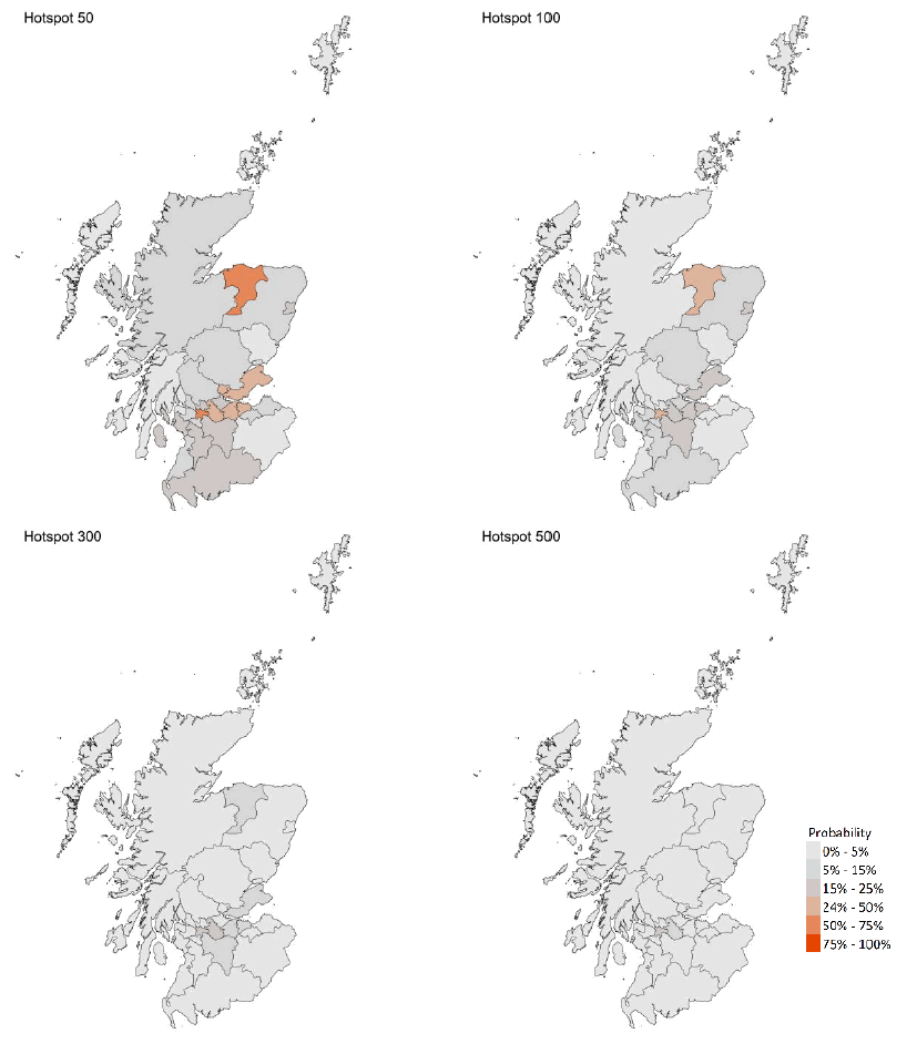 A series of four maps showing the probability of local authority areas having more than 50, 100, 300 or 500 cases per 100K (23 – 29 May).