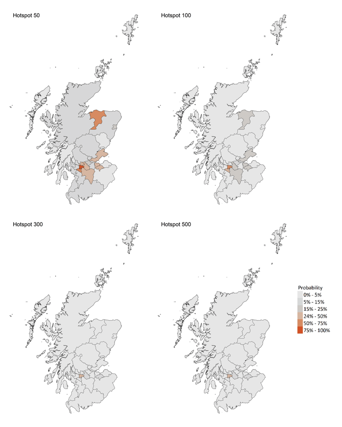A series of four maps showing the probability of local authority areas having more than 50, 100, 300 or 500 cases per 100K (30 May – 5 June).