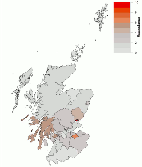 A map of cumulative exceedance to 26 May, for Scottish Local Authorities.