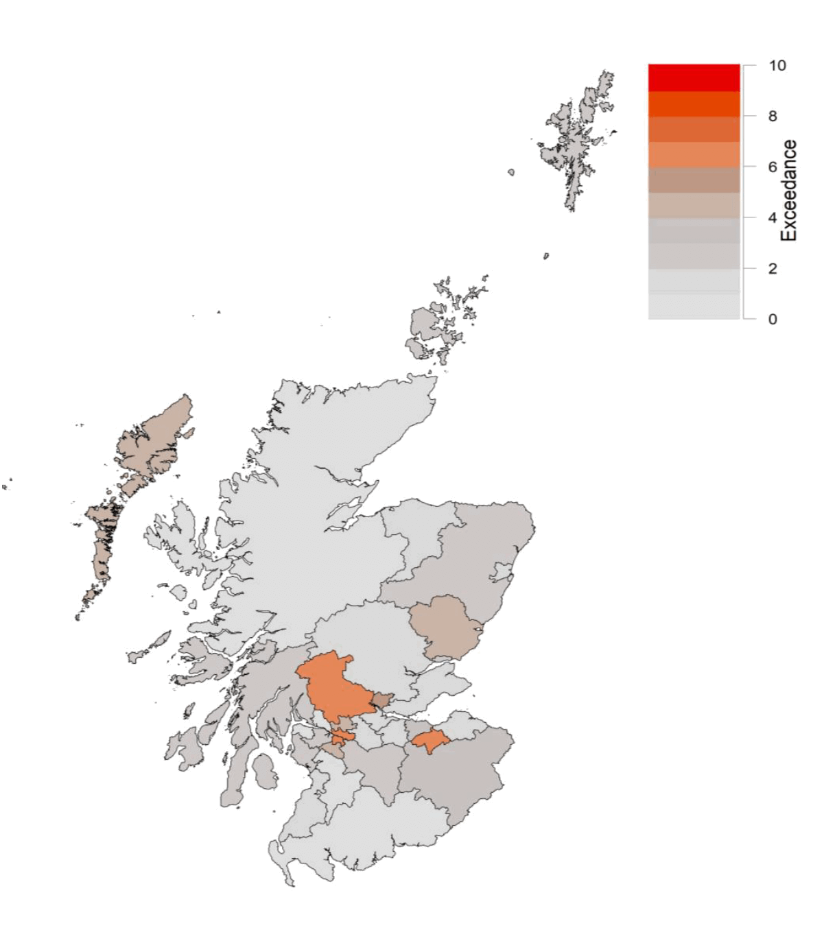 Figure 7 is a colour coded map showing cumulative weekly exceedance for local authority areas in Scotland. The colours range from light grey (exceedance = 0) to red (exceedance = 10). East Renfrewshire, Glasgow, Midlothian and Stirling are all coloured dark orange.