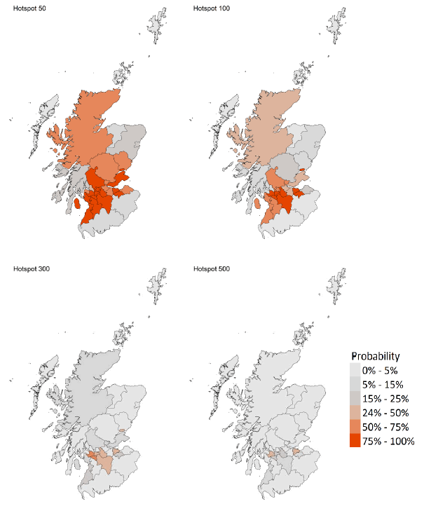 A series of four maps showing the probability of local authority areas having more than 50, 100, 300 or 500 cases per 100K (6 – 12 June).