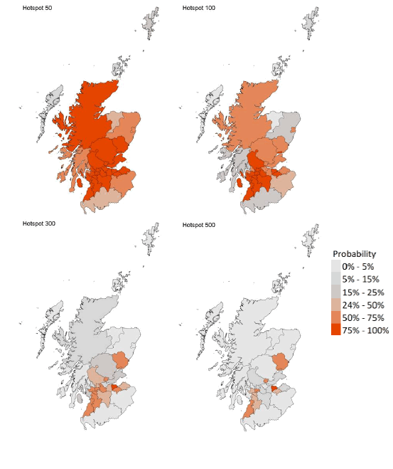 A series of four maps showing the probability of local authority areas having more than 50, 100, 300 or 500 cases per 100K (20 – 26 June).