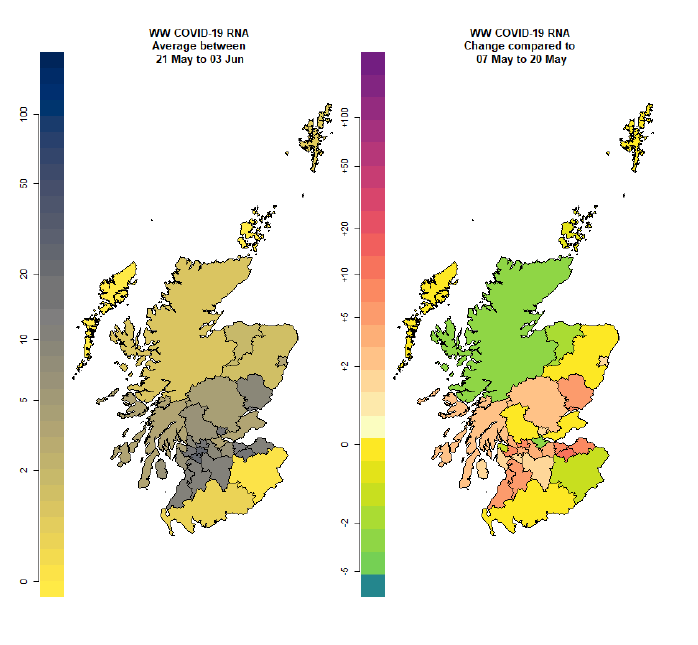 Two maps showing the wastewater Covid-19 levels for each local authority. The first map shows the levels between 21 May and 3 June, and the second shows differences from the previous two weeks.