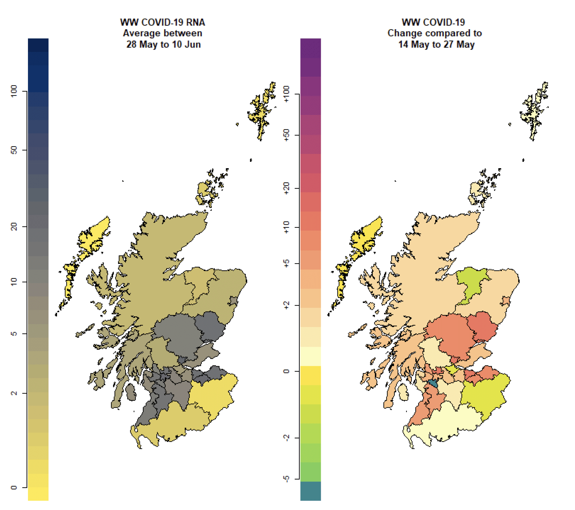 Figure 13. Two maps showing the wastewater Covid-19 levels for each local authority. The first map shows the levels between 28 May and 10 June, and the second shows differences from the previous two weeks.