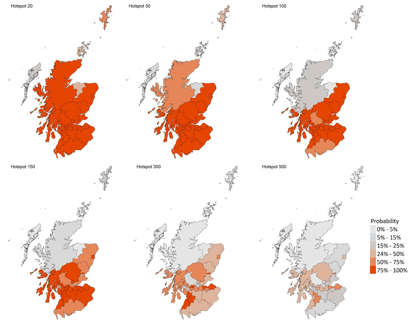 A series of four maps showing the probability of local authority areas having more than 20, 50, 100, 150, 300 or 500 cases per 100K (4 – 10 July).