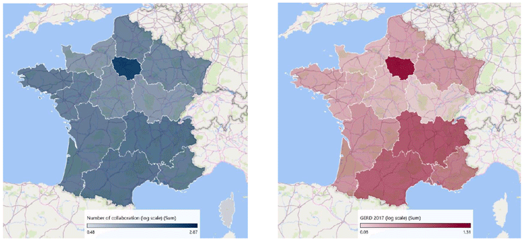 Maps of France showing the number of collaborations with Scotland (a) and the GERD in 2019 (b) per region