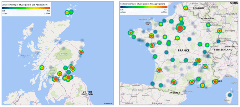 Maps of Scotland (a) and France (b) showing the hotspots and repartition of institutions involved in research collaborations 