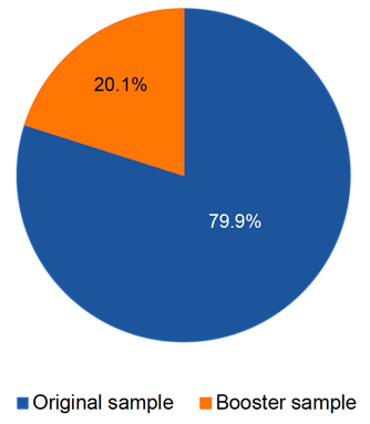 This pie chart illustrates the breakdown of the Wave 3 SCOVID sample. Seventy-nine-point-nine-percent of this sample consisted of participants who also took part in the original Wave 1 survey and 20.1% of participants were newly recruited for this survey as a booster sample.  