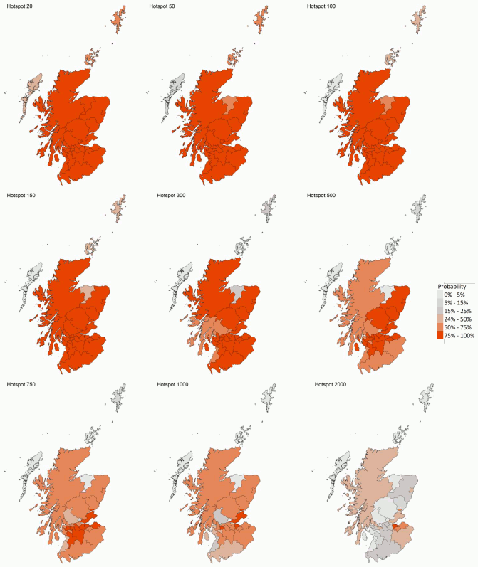 A series of four maps showing the probability of local authority areas having more than 20, 50, 100, 150, 300, 500, 750, 1000 or 2000 cases per 100K (11th – 17th July 2021).