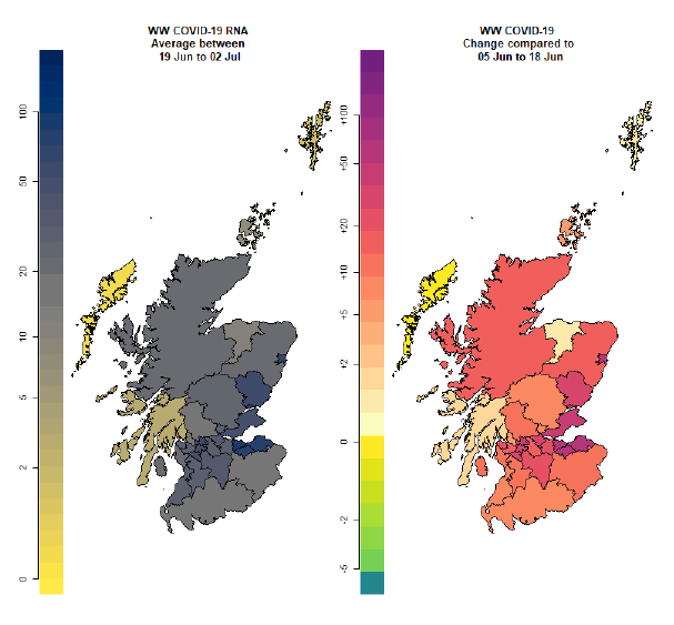 Two maps showing the wastewater Covid-19 levels for each local authority. The first map shows the levels between 19 June and 2 July, and the second shows differences from the previous two weeks.