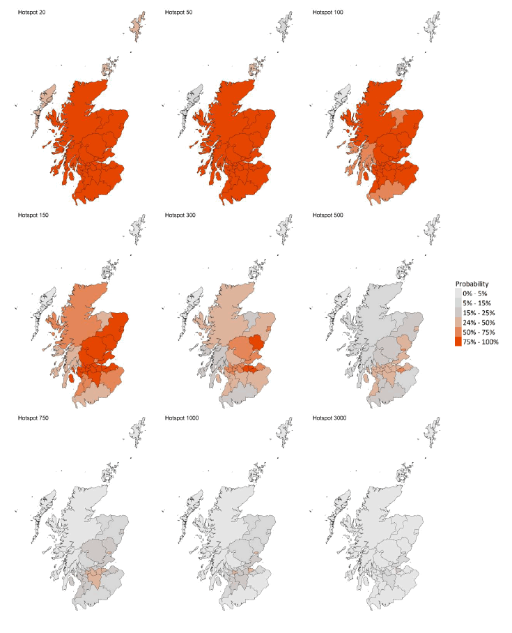 A series of four maps showing the probability of local authority areas exceeding thresholds of cases per 100K (25th – 31st July 2021).