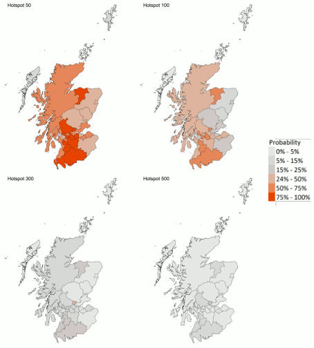 A series of four maps showing the probability of local authority areas exceeding thresholds of cases per 100K (8th to 14th August 2021).
