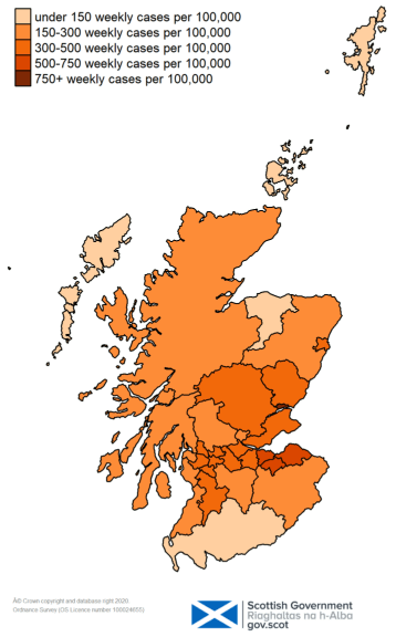 This colour coded map of Scotland shows the different rates of weekly positive cases per 100,000 people across Scotland’s Local Authorities. The colours range from very light orange for under 150 weekly cases, through light orange for 150 to 300 weekly cases, orange for 300 to 500 weekly cases, dark orange for 500 to 750 weekly cases and very dark orange for over 750 weekly cases per 100,000 people. 

Dundee is shown as very dark orange, Edinburgh, East Lothian, Midlothian are all shown as dark orange on the map. Dumfries and Galloway, Moray, Na h-Eileanan Siar, Orkney and Shetland are shown as very light orange, with under 150 cases per 100,000 people. Aberdeenshire, Argyll and Bute, Clackmannanshire, Highland, Inverclyde, North Ayrshire, Scottish Borders, South Ayrshire, South Lanarkshire and Stirling are shown as light orange. All other local authorities are showing as orange.