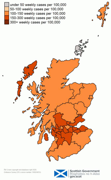 This colour coded map of Scotland shows the different rates of weekly positive cases per 100,000 people across Scotland’s Local Authorities. The colours range from grey for under 50 weekly cases per 100,000, through very light orange for 50 to 100, orange for 100-150, darker orange for 150-300, and very dark orange for over 300 weekly cases per 100,000 people. 
There are no local authorities showing as very dark orange on the map, with over 300 weekly cases. Orkney is shown as grey, with under 50 weekly cases per 100,000 people. No local authorities are shown as very light orange with 50 to 100 weekly cases per 100,000 population. Aberdeen, Aberdeenshire, Angus, Argyll and Bute, Dumfries and Galloway, East Dunbartonshire, Falkirk, Highland, Moray, Perth and Kinross, Scottish Borders, Shetland and South Ayrshire are shown as orange with 100-150 weekly cases. All other local authorities are showing as darker orange with 150-300 weekly cases.
