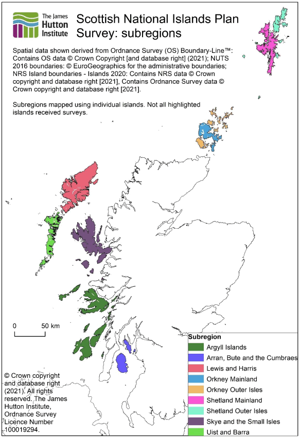 A map showing the Island subregions used for the survey. The groupings are outlined in Table 1. 