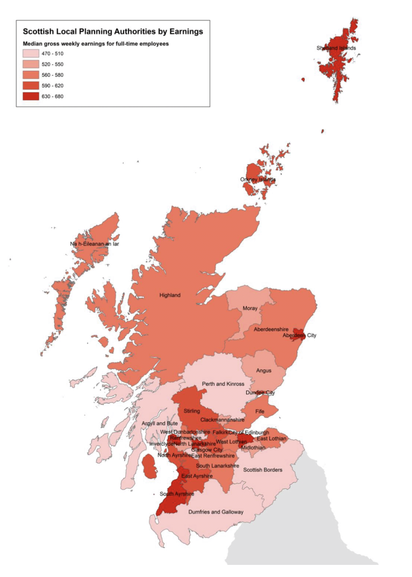 Map illustrating median weekly earnings in Scotland, indicating that earnings are generally higher in the central belt.