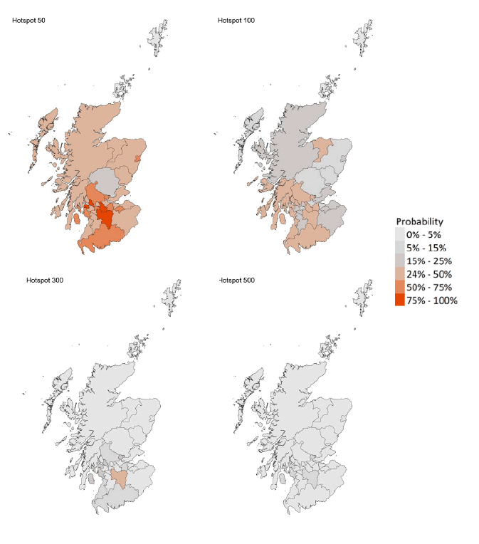 A series of four maps showing the probability of local authority areas exceeding thresholds of cases per 100K (15th to 21st August 2021).