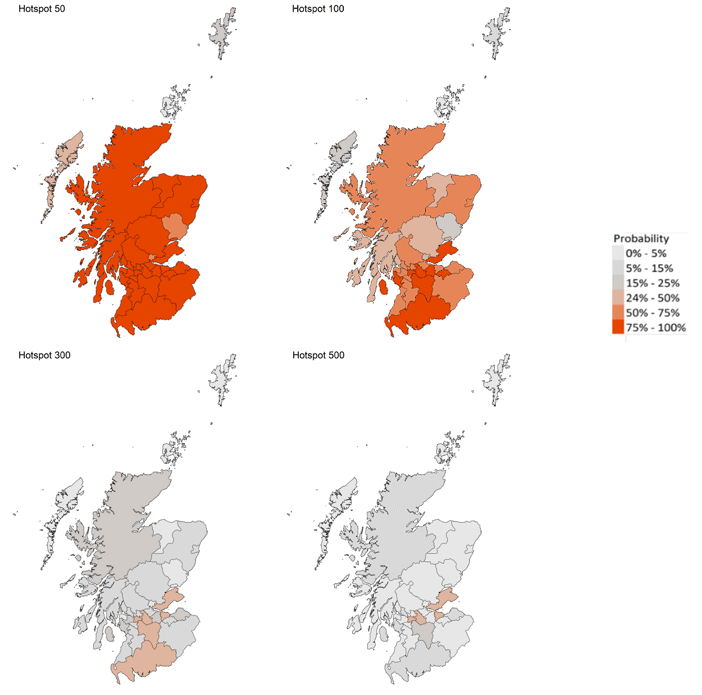A series of four maps showing the probability of local authority areas exceeding thresholds of cases per 100K (22nd to 28th August 2021).