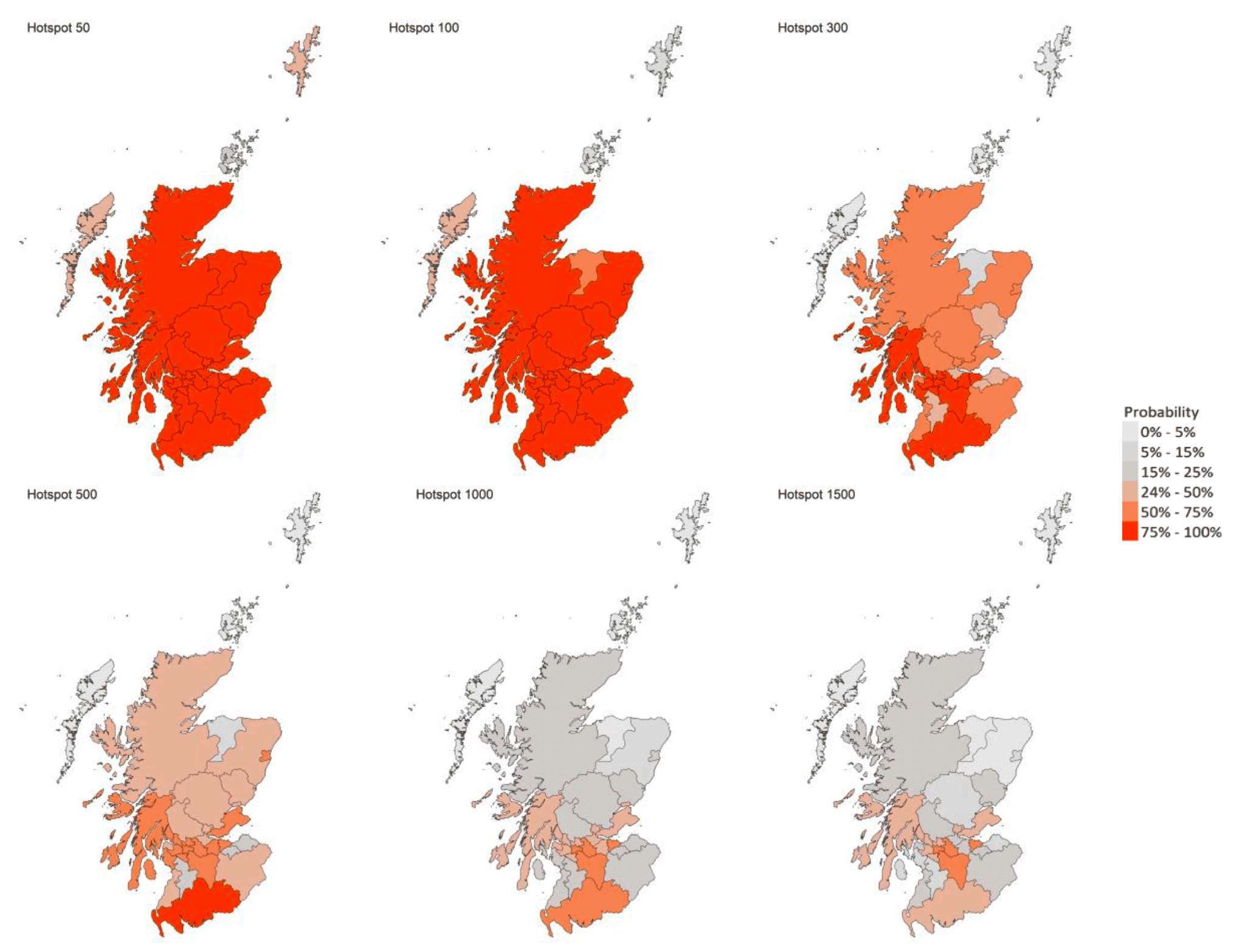 A series of four maps showing the probability of local authority areas exceeding thresholds of cases per 100K (5th to 11th September 2021).