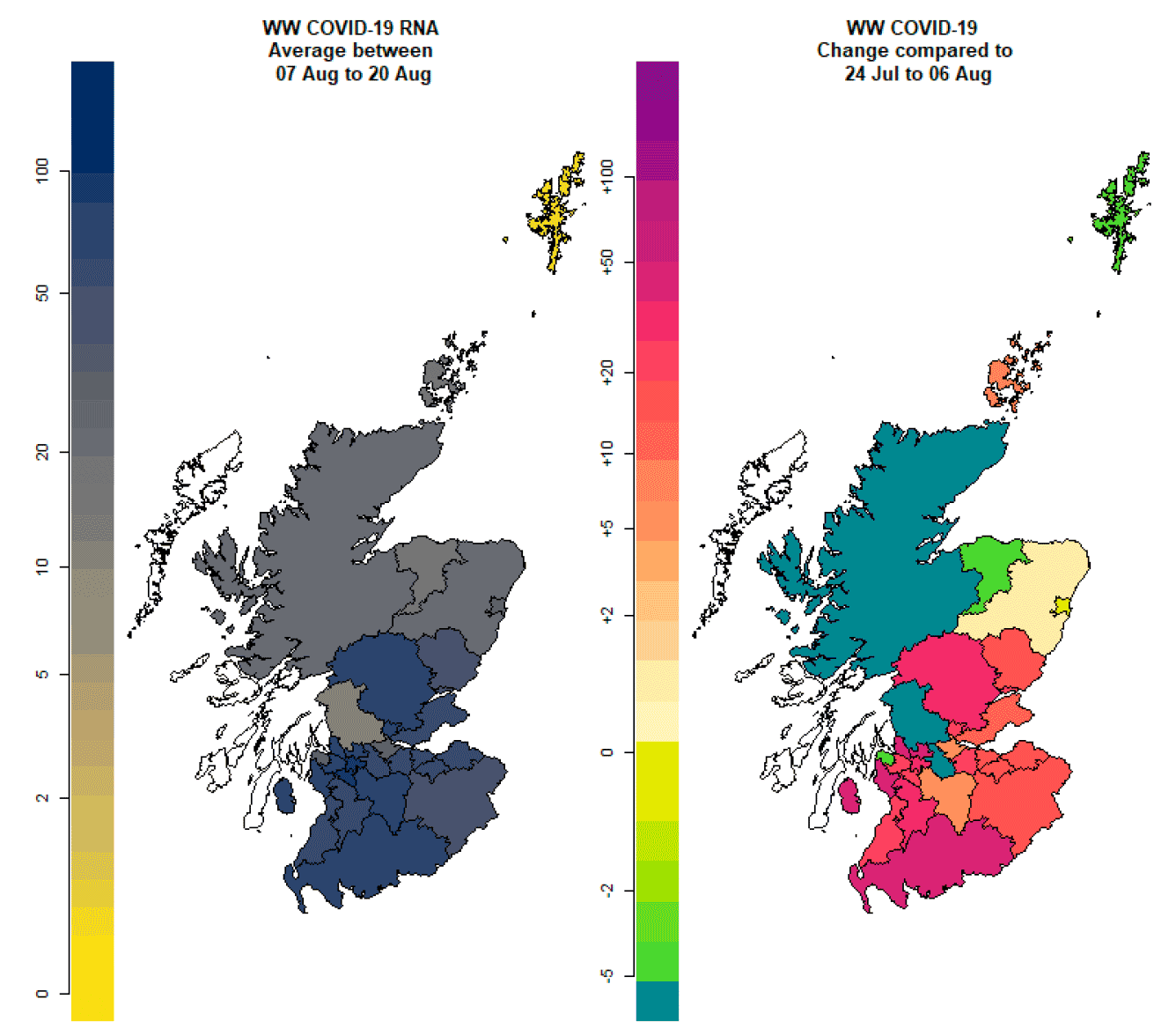 Two maps showing the wastewater Covid-19 levels for each local authority. The first map shows the levels between 7th and 20th August, and the second shows differences from the previous two weeks.