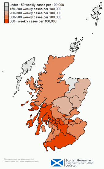 This colour coded map of Scotland shows the different rates of weekly positive cases per 100,000 people across Scotland’s Local Authorities. The colours range from light grey for under 150 weekly cases per 100,000, through darker grey for 150 to 200, very light orange for 200-300, darker orange for 300-500, and very dark orange for over 500 weekly cases per 100,000 people. Dumfries and Galloway is the only local authority showing as very dark orange on the map , with over 300 weekly cases. The Orkney Islands, Moray, Shetland Islands and Na h-Eileanan Siar are shown as light grey, with under 150 weekly cases per 100,000 people. Angus, Aberdeen City, Aberdeenshire and Perth and Kinross are showing as very light orange with 200-300 weekly cases. West Dunbartonshire, East Dunbartonshire, East Renfrewshire, Clackmannanshire, North Lanarkshire, Argyll and Bute, South Lanarkshire, Renfrewshire, Glasgow City, Dumfries and Galloway are showing as very dark orange with over 500 weekly cases per 100,000 people. All other local authorities are shown as darker orange with 300-500 weekly cases per 100,000.