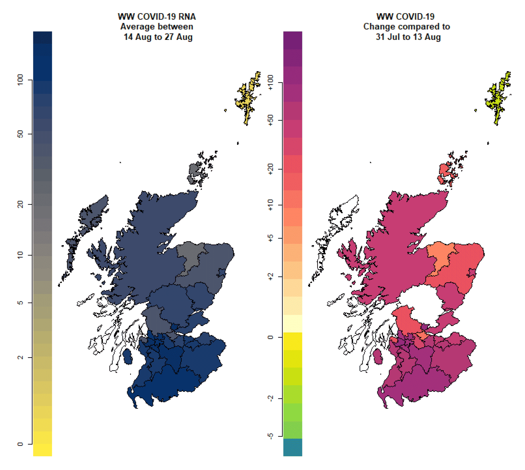 Figure 17. Two maps showing the wastewater Covid-19 levels for each local authority. The first map shows the levels between 14th and 27th August, and the second shows differences from the previous two weeks.