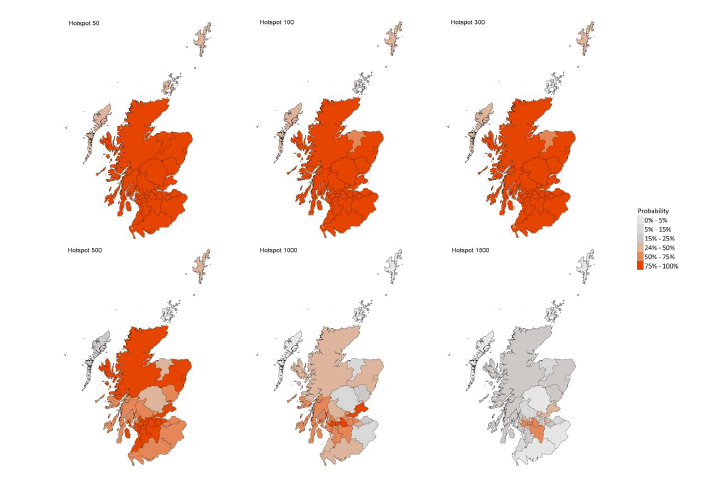A series of four maps showing the probability of local authority areas exceeding thresholds of cases per 100K (19th to 25th September 2021).