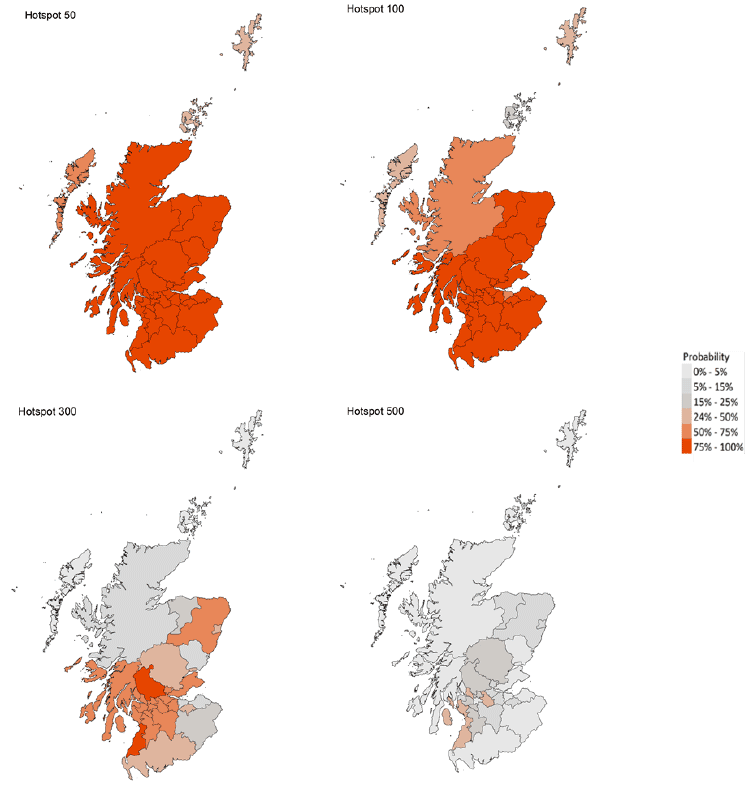 A series of four maps showing the probability of local authority areas exceeding thresholds of cases per 100K (3rd October to 10th October 2021).