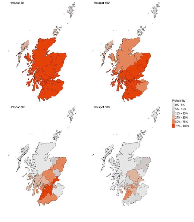 A series of four maps showing the probability of local authority areas exceeding thresholds of cases per 100K (10th October to 16th October 2021).