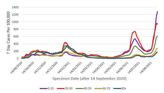 This line graph shows weekly cases per 100,000 people for five different age bands over time, from mid-September 2020. Each age band shows a similar trend with a peak in cases in January, with the 20 to 39 age band having the highest case rate, and the under 20 age band having the lowest case rate. Case rates reduced in all age groups from this peak and then started to increase again sharply from mid-May, reaching a peak at the beginning of July 2021. 7 day cases per 100,000 population then started to decrease sharply followed by a sharp increase in cases in mid-August 2021. In the week to the 30 August, case rates have gone up across all age bands, reaching the highest case rates recorded since the start of the pandemic for all ages but the over 80s.