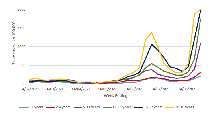 This figure shows the 7-day case rate of school pupils who tested positive for Covid-19, grouped in six age groups, during the period 14 February 2021 to 29 August 2021. The rates for all age groups have varied over time with an increase in rates for the 18-19 age group in the middle of February. The rates decreased for age groups at the end of March and then levelled off during April. They then started to increase in May and peaked in early July, with the highest case rate among 18-19 year olds. The rates decreased across all age groups in late July. Case rates then started to rise at the beginning of August 2021, and in the week ending 29 August, the 7 day case rates continued to increase in all age groups.  